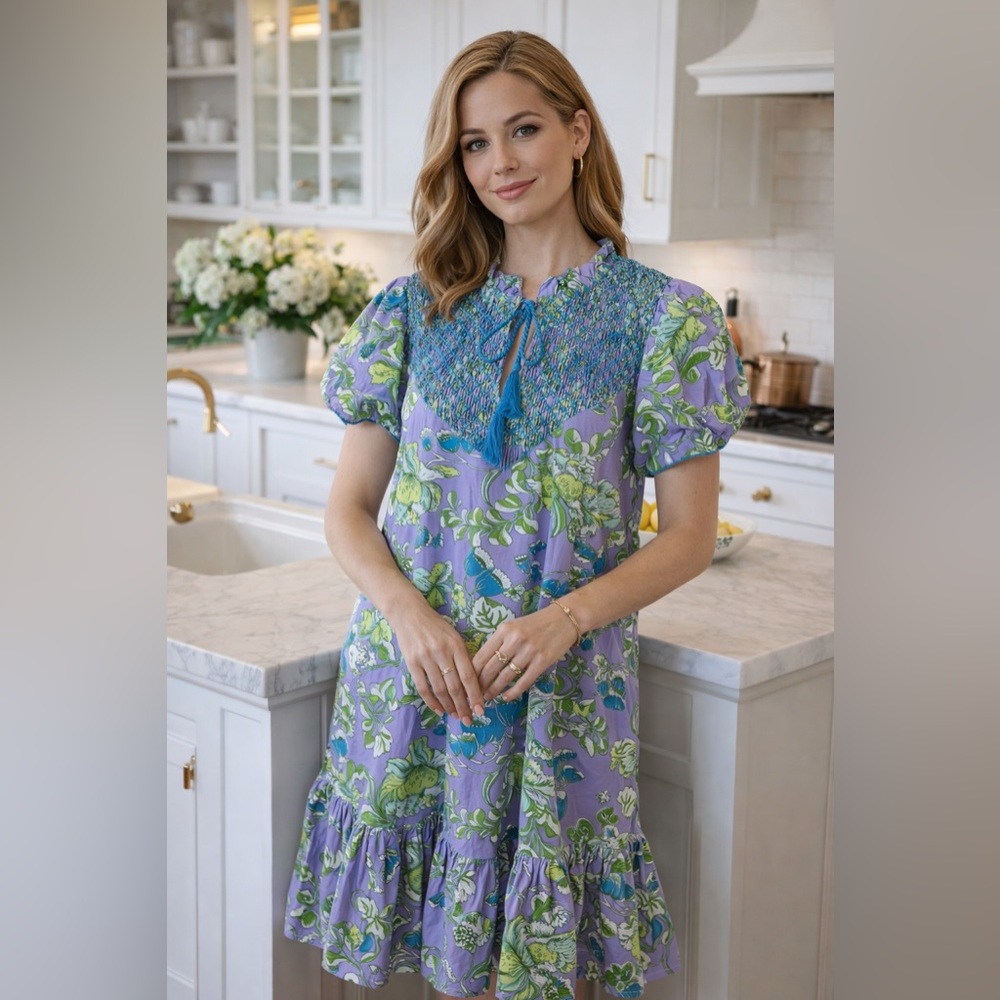 Smocked Lavender Floral Mini Dress with Tassel Tie